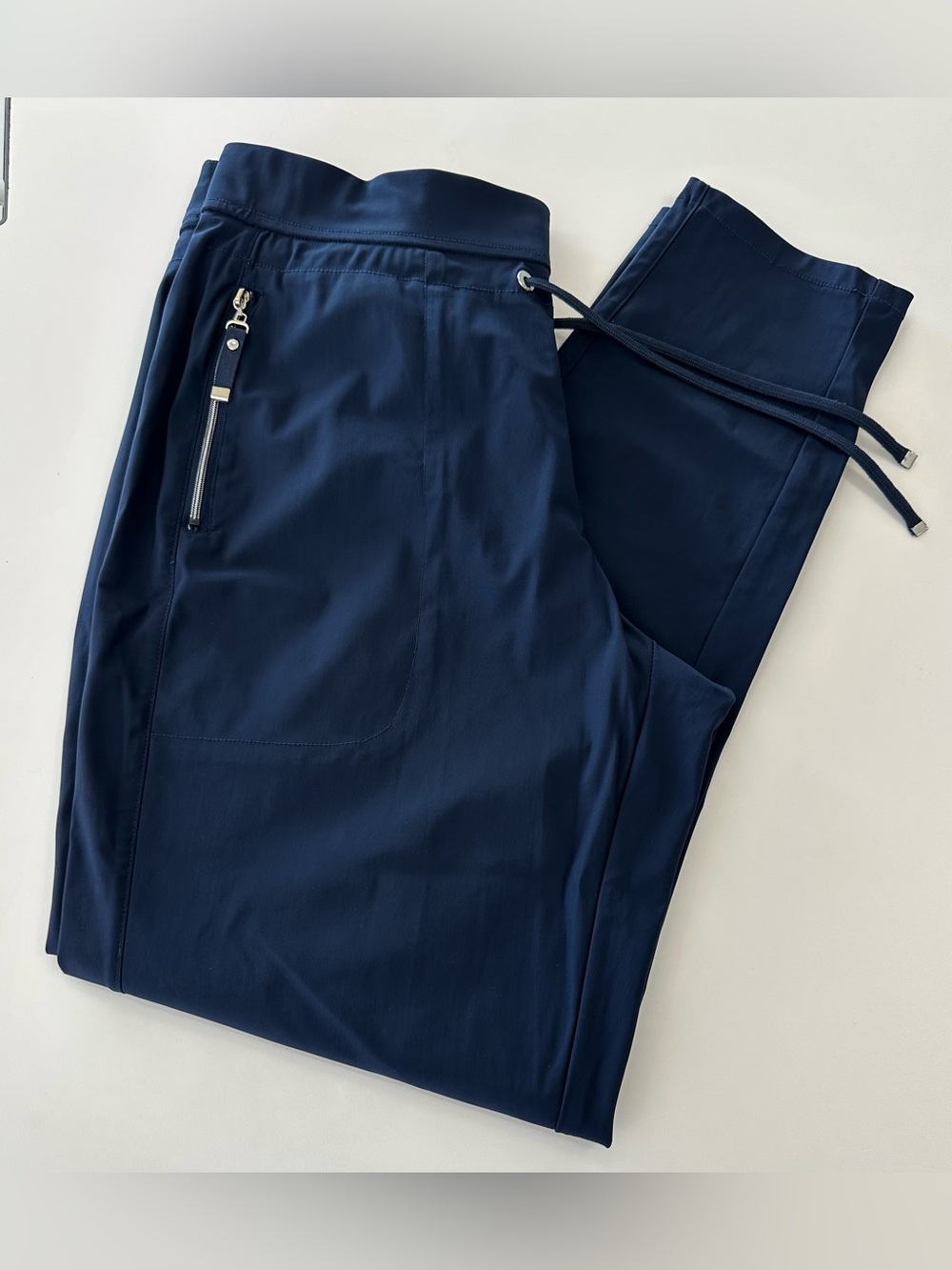 Olsen Lisa Ankle-Length Navy Blue Pants with Drawstring and Elastic Waist